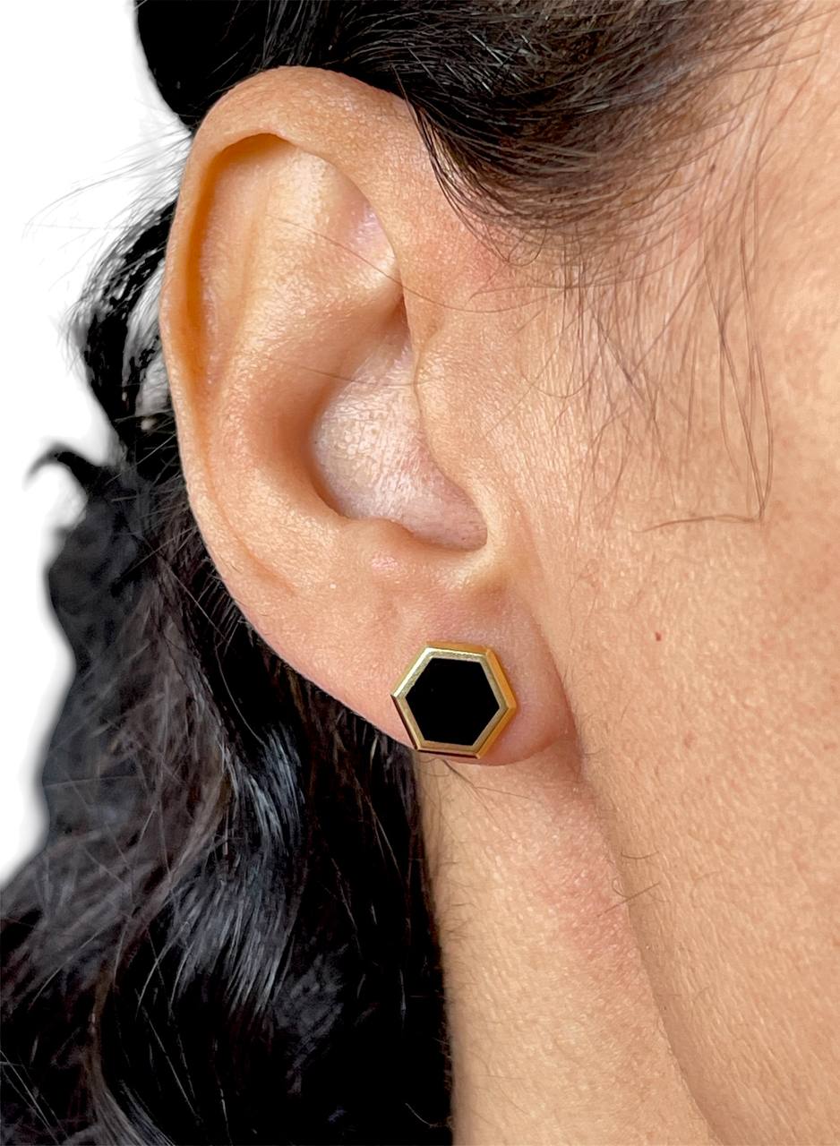 18K Solid Yellow Gold Onyx Hexagon Stud Earrings 10mm | Briks Designer | Black Onyx Geometric Studs | Luxury Gold Earrings Gift