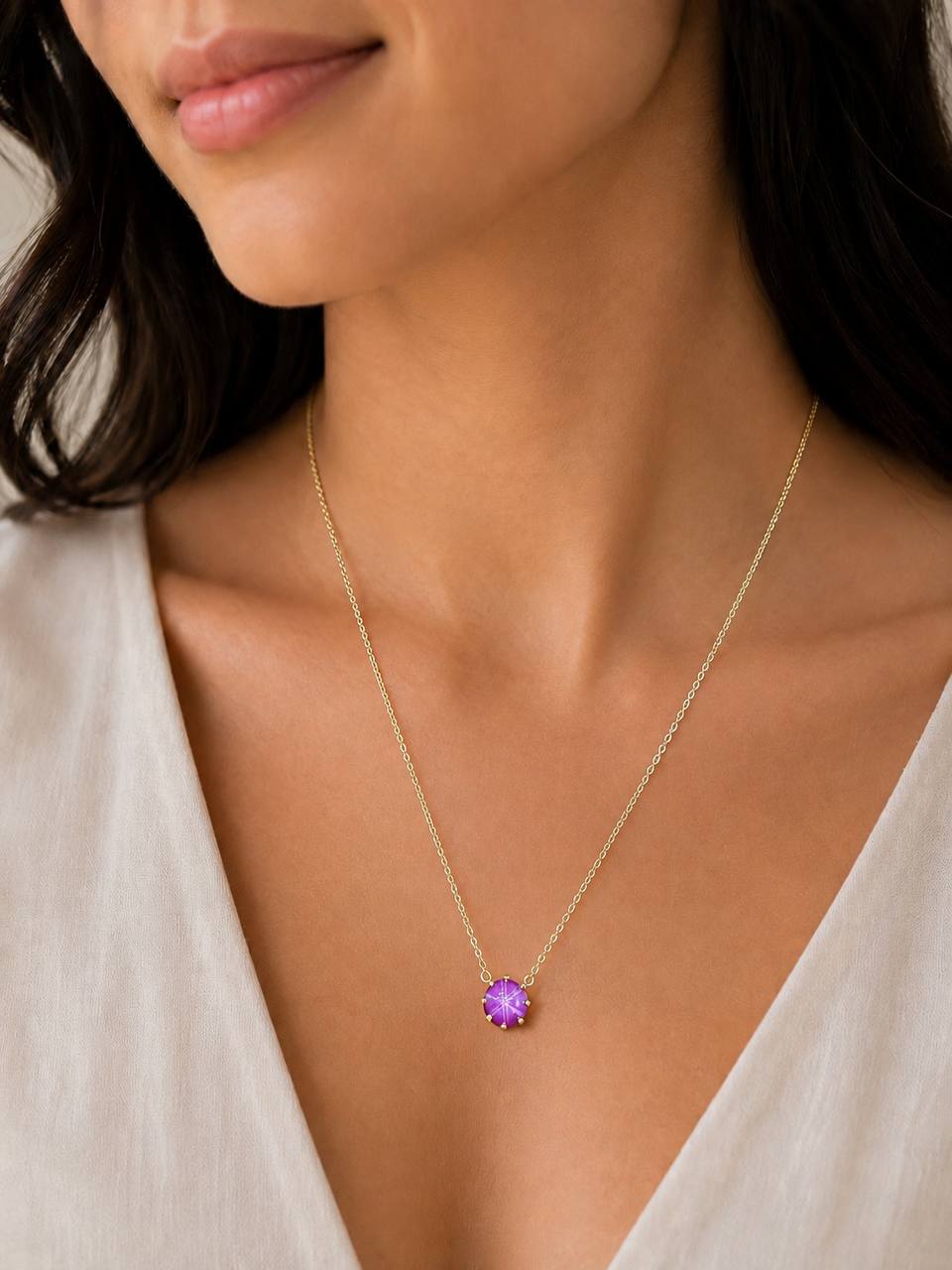 14K Gold Pink Star Sapphire Necklace Pendant 18.25 in