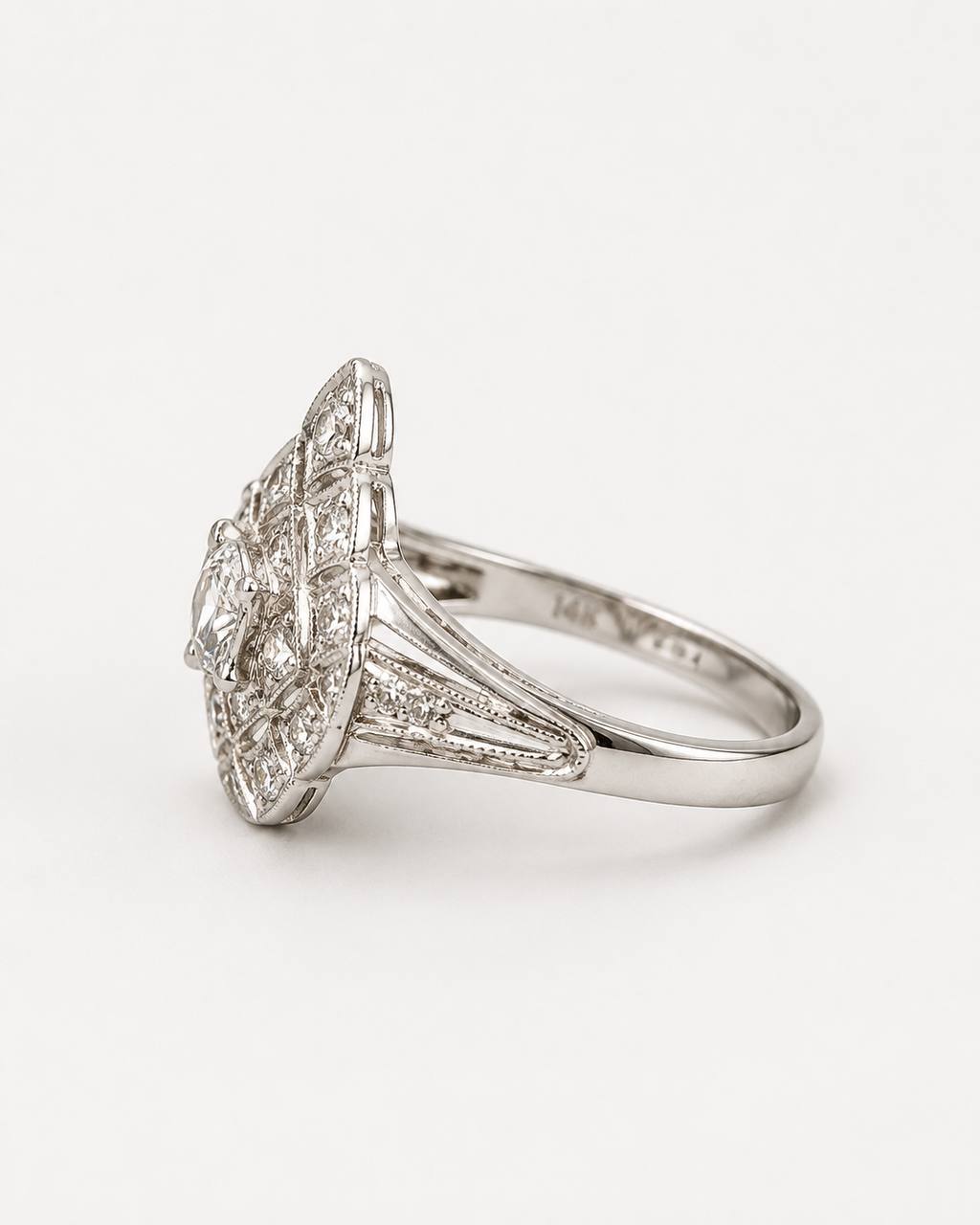 18K White Gold Vintage Heart Diamond Ring 0.65 CTW Art Deco Size 6.5