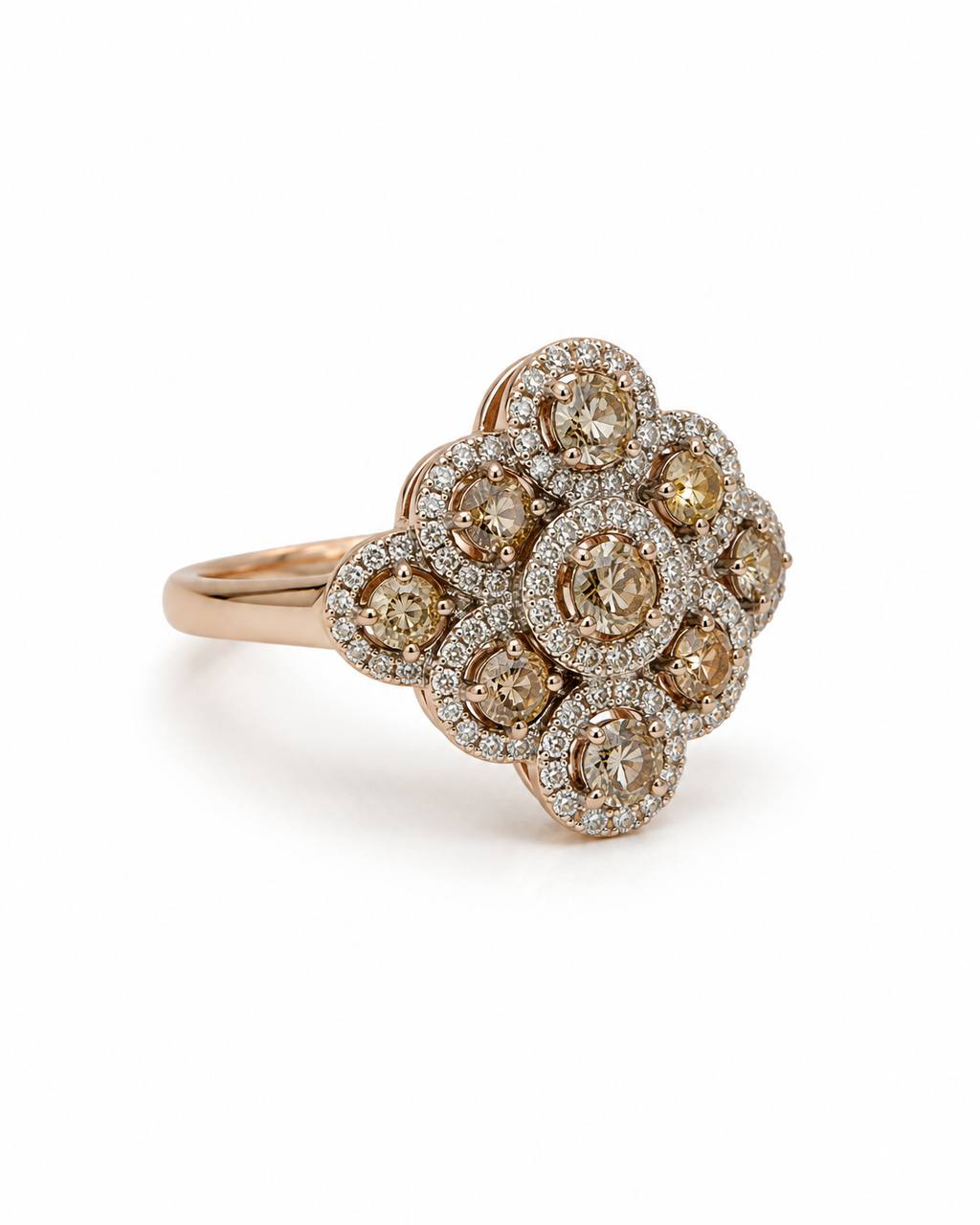 10K Rose Gold White & Champagne Diamond Cluster Ring – 0.70 CTW Natural Diamonds
