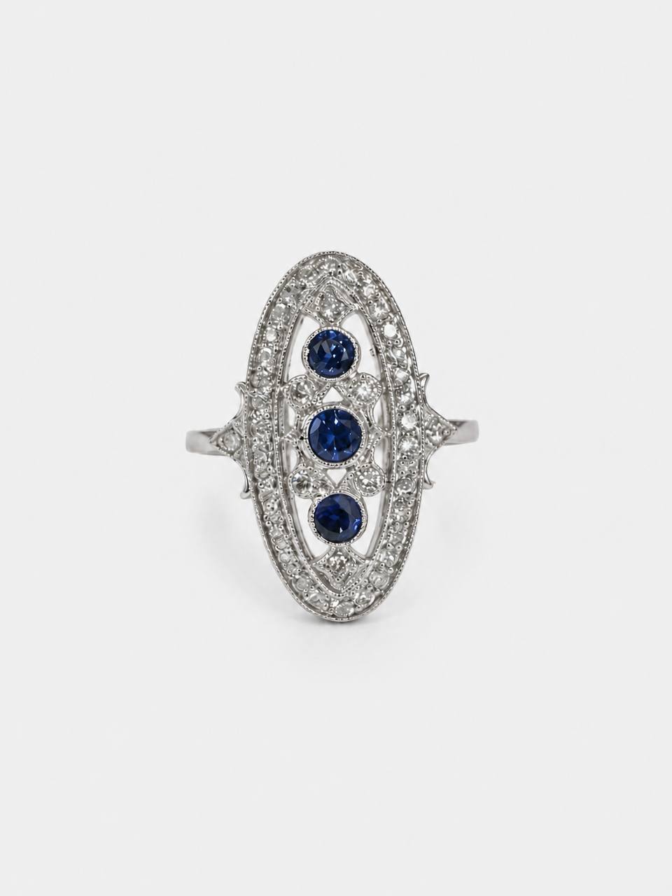 Art Deco Natural Blue Sapphires & Diamond Ring 14K White Gold Vintage Milgrain
