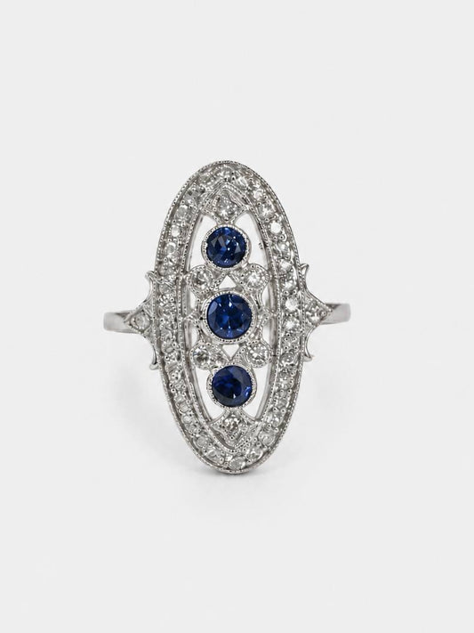 Art Deco Natural Blue Sapphires & Diamond Ring 14K White Gold Vintage Milgrain