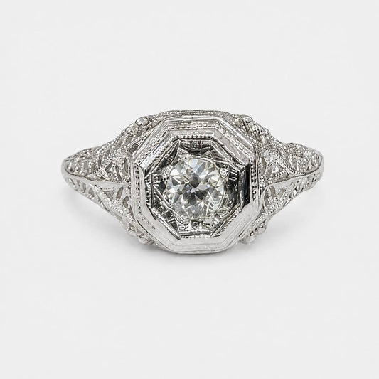 Vintage Art Deco 18K White Gold Old Cut Natural Diamond Filigree Ring Size 5