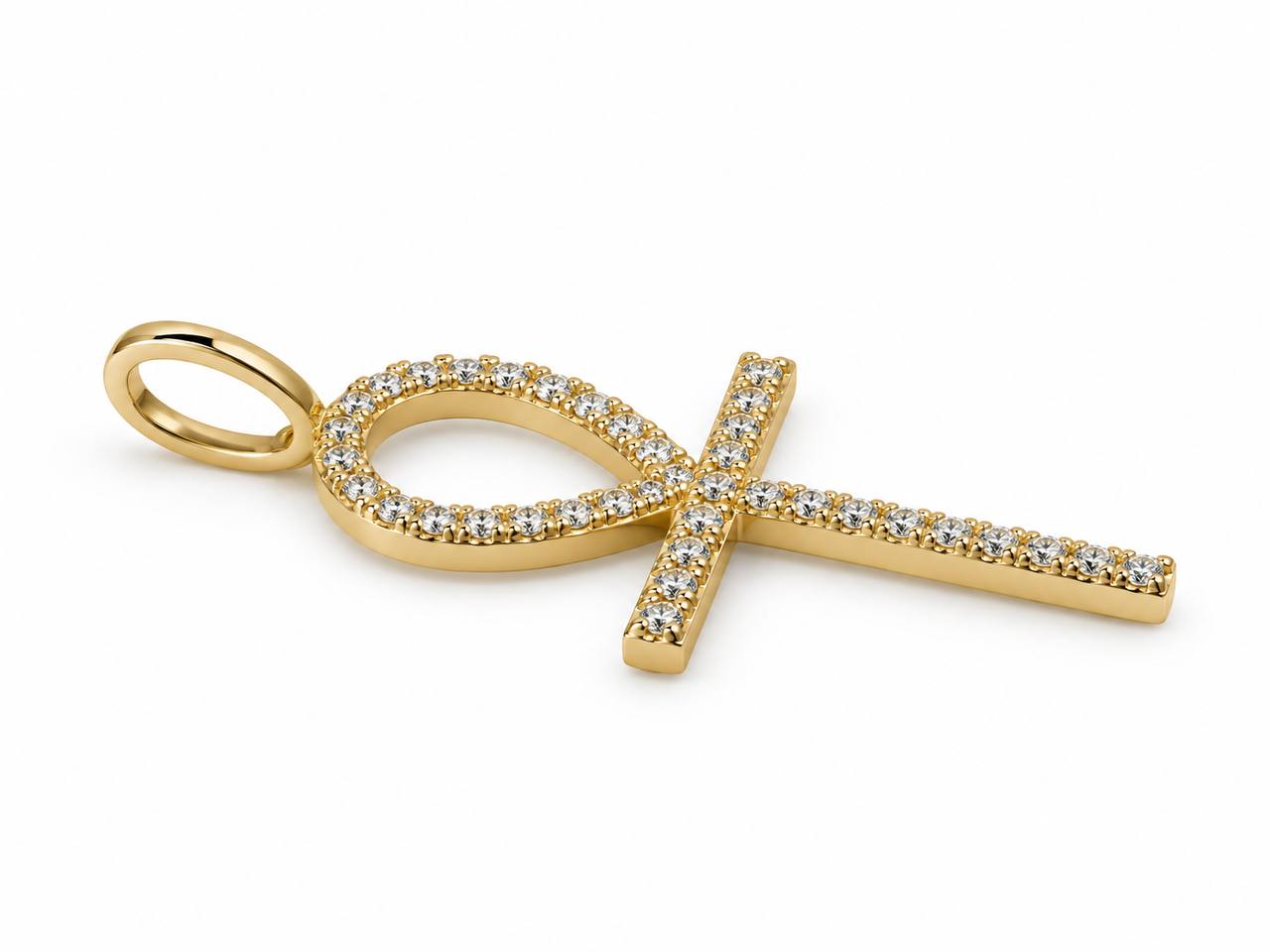 14K Yellow Gold Natural Diamond Ankh Cross Pendant – 0.20 CTW