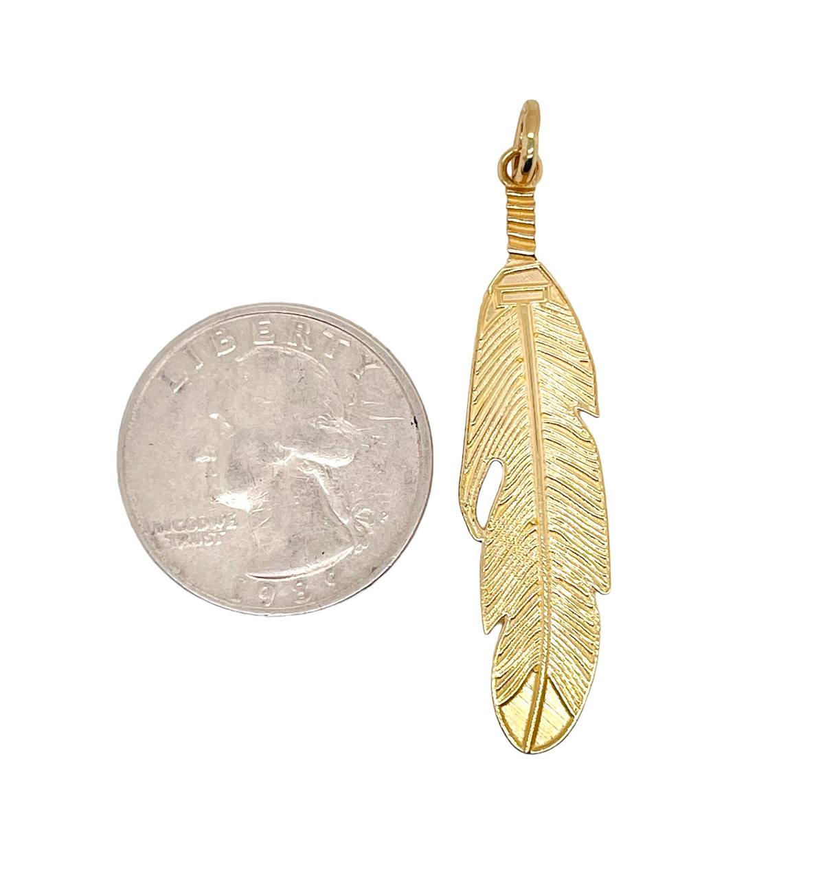 14K Solid Yellow Gold Feather Charm Pendant 1.81 in