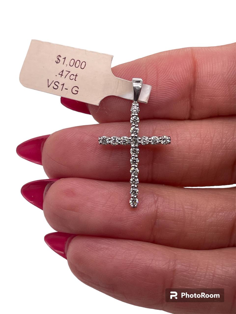 14k White Gold 0.47 Ct Natural Diamond Cross Pendant 1 in