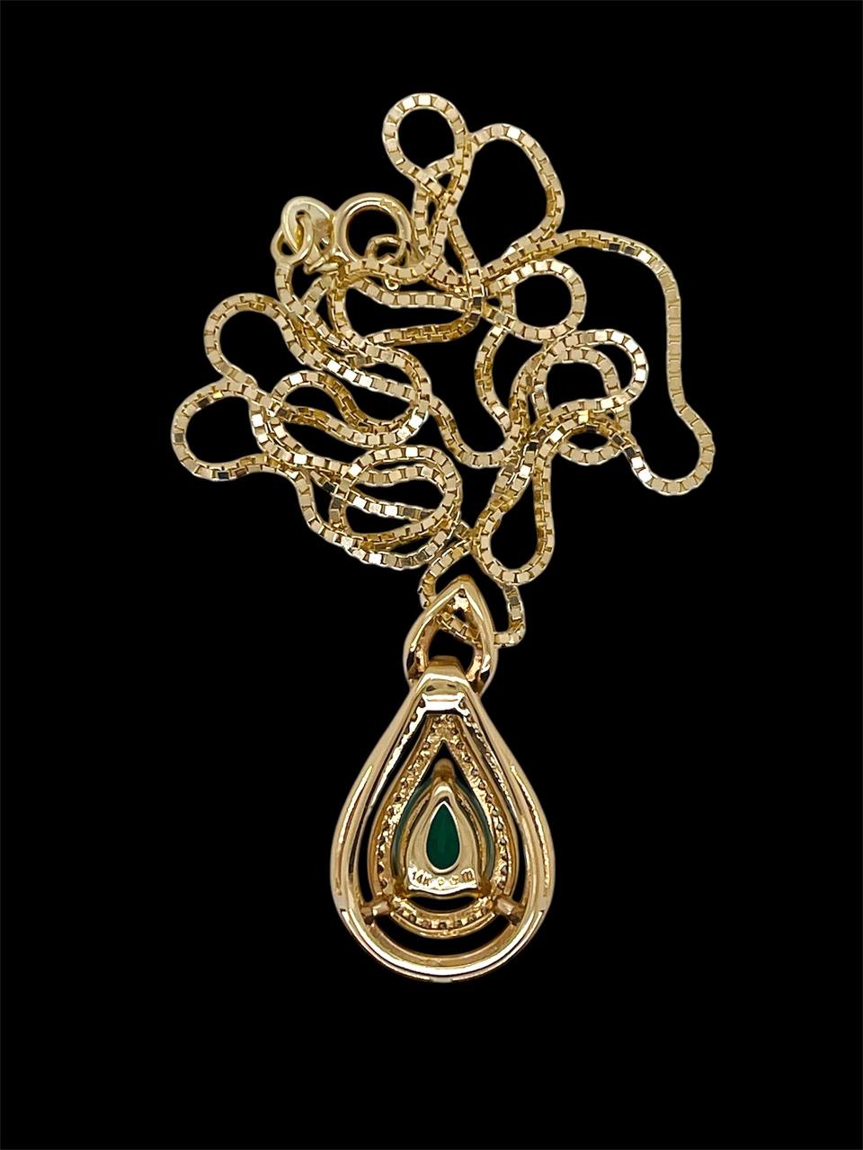 14k Yellow Gold 1.25 TCW Diamond & Emerald Pear Shape Pendant & Chain Necklace