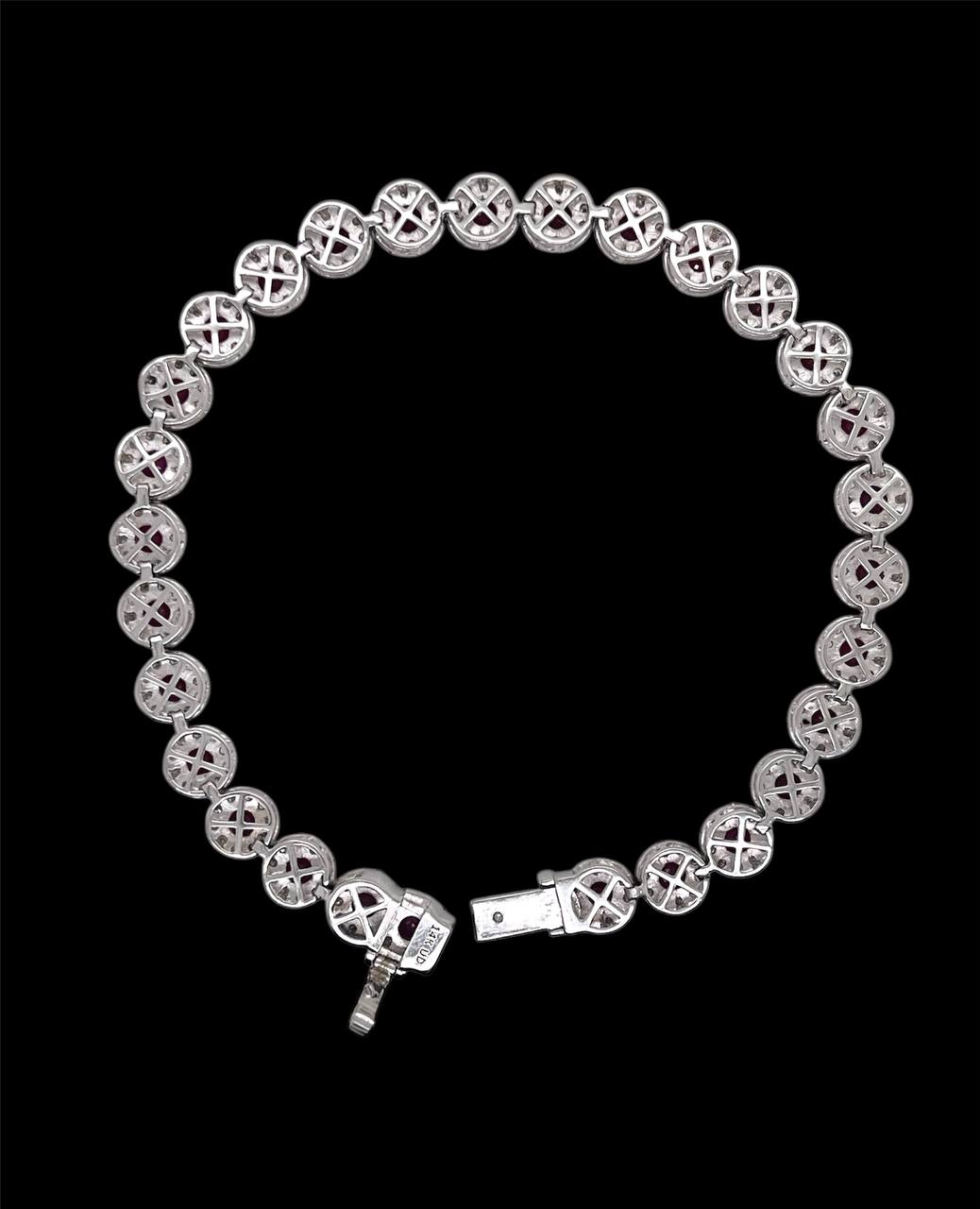 14K White Gold Natural Diamond and Ruby Cluster Tennis Bracelet 14.6 Grams 7.5"