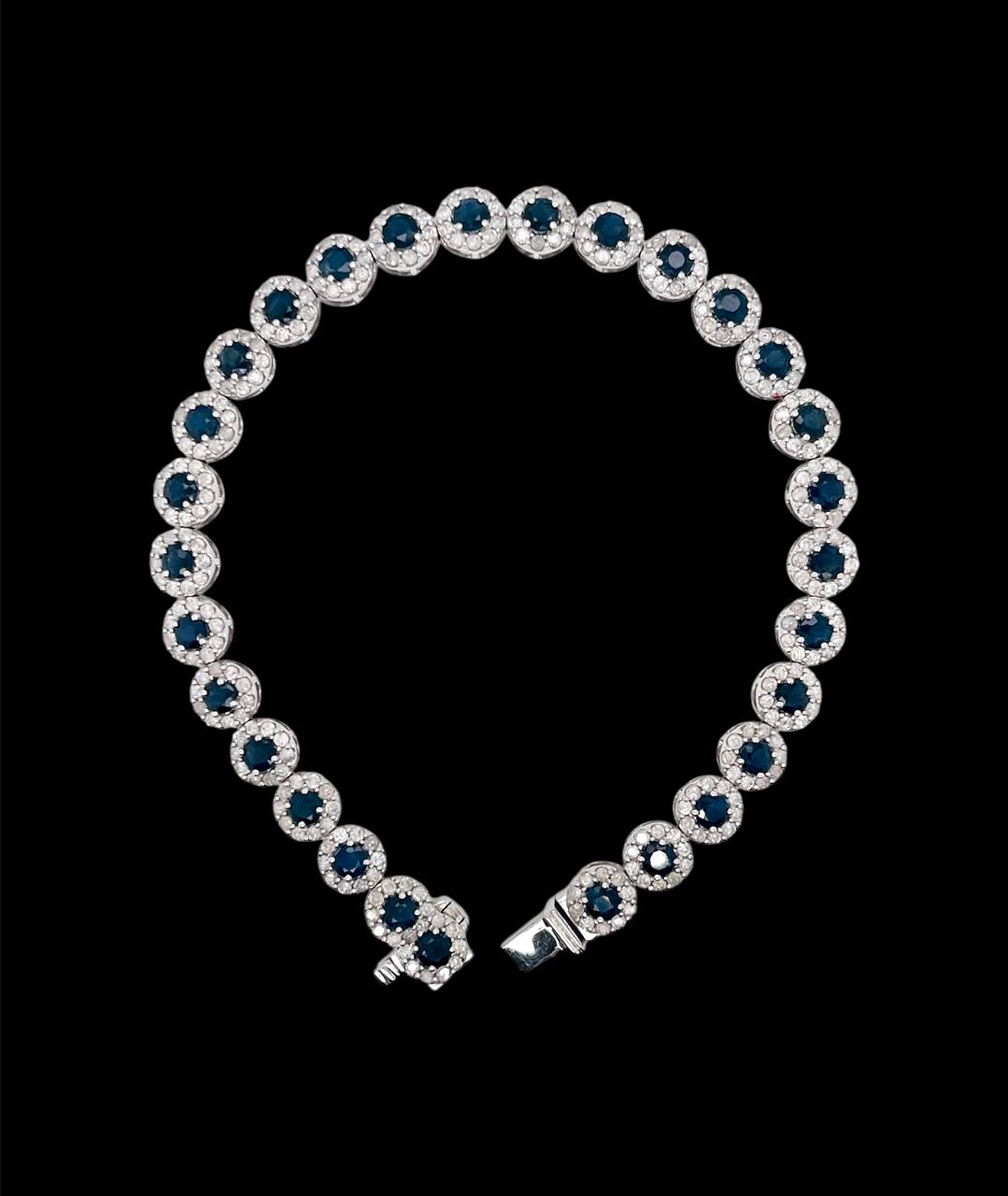 14K White Gold Natural Diamond and Sapphire Cluster Tennis Bracelet 7.5"