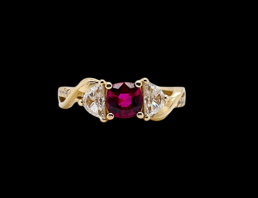 14K Solid Yellow Gold Natural Half Moon Diamond and Ruby Ring