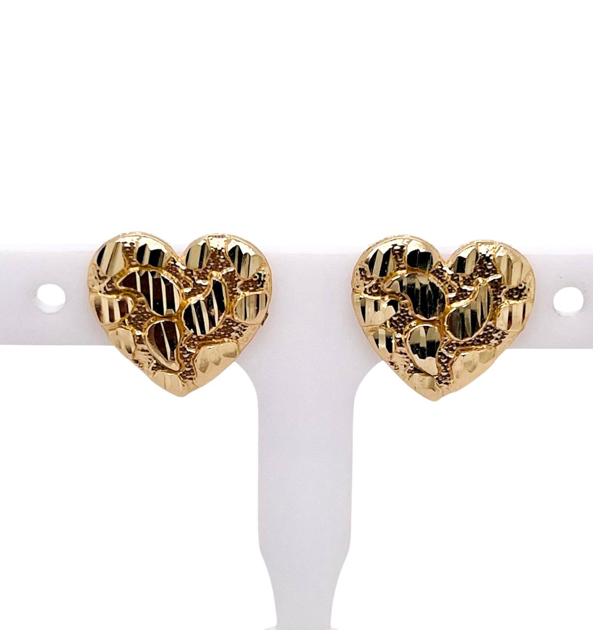 14k Solid Yellow Gold Diamond Cut Nugget Heart Stud Earrings Push Back 14 MM