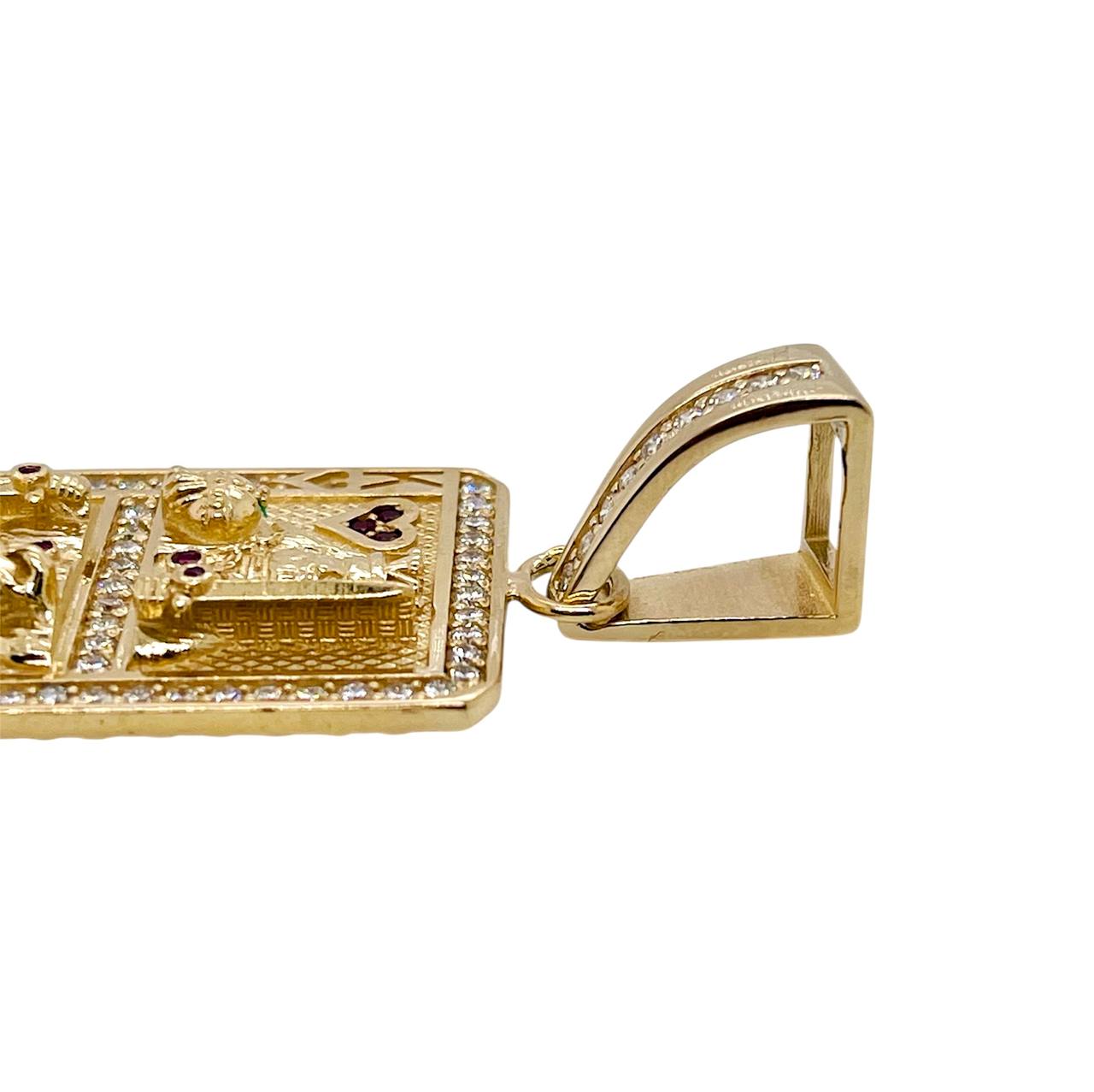 14K Solid Yellow Gold 1.58 Ct Diamond & Ruby King of Heart Playing Card Pendant