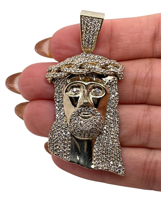 Mens 10K Solid Yellow Gold 3 Ct Natural Diamond Jesus Christ Head Face Pendant