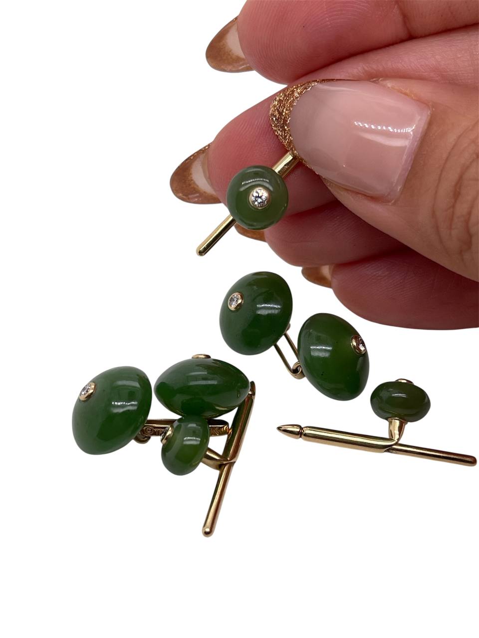 Trianon Jade Diamond Cufflink Stud Set 14k Yellow Gold
