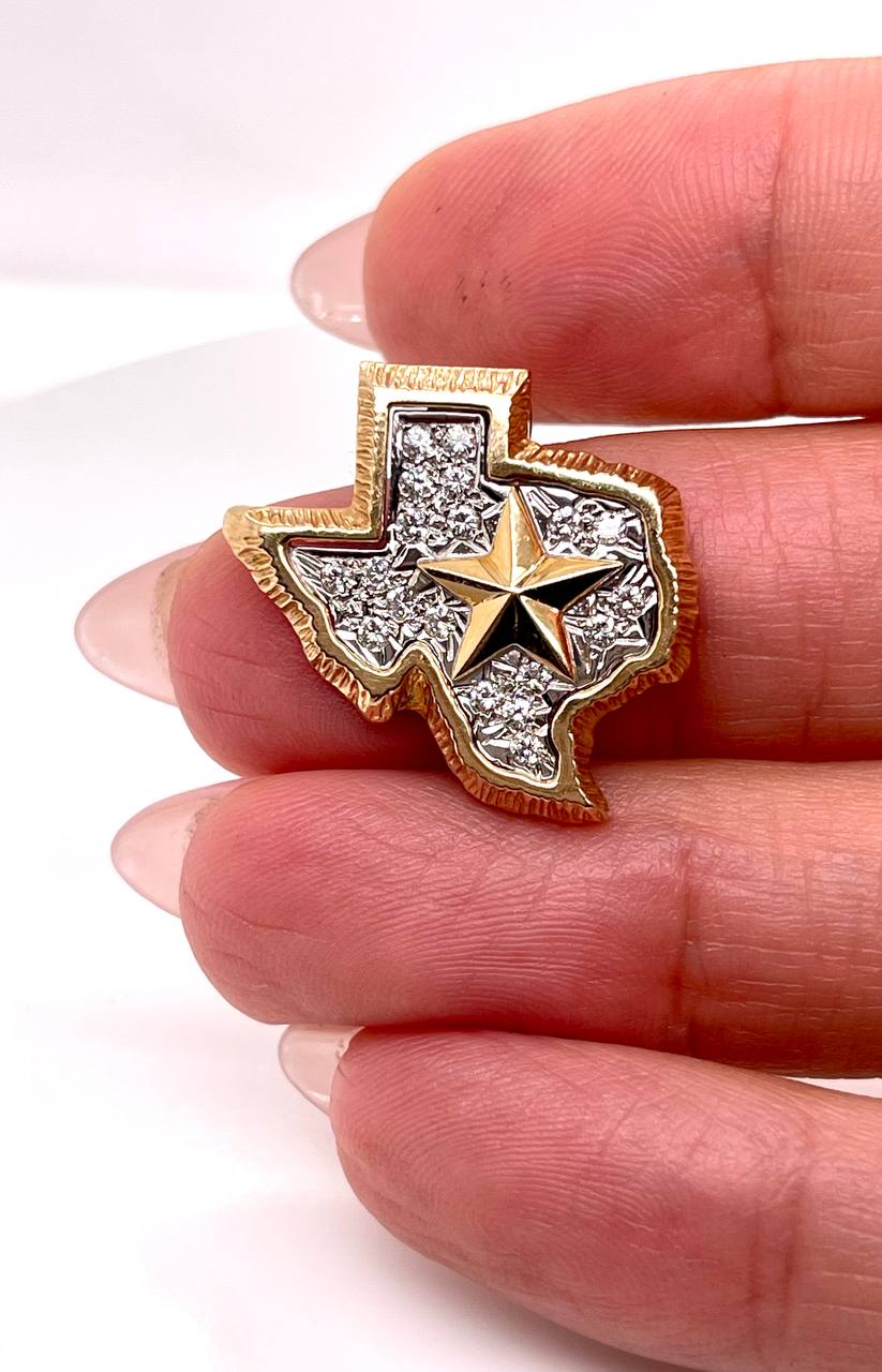Vintage 14k Solid Two-Tone Gold 0.35 Ct Natural Diamond Texas Map Lone Star State Pendant
