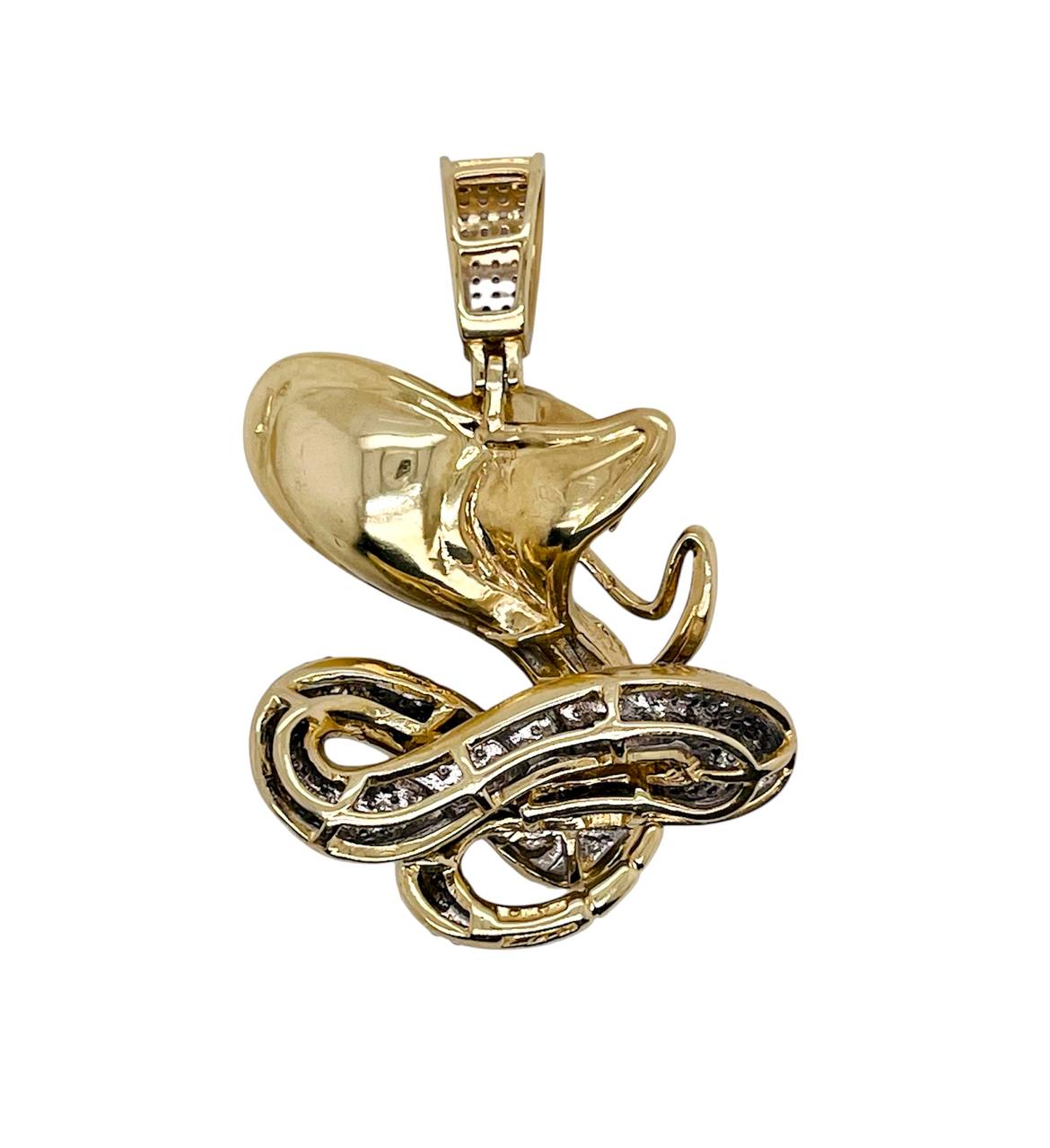 Mens 10K Solid Yellow Gold Natural Diamond Cobra Snake Charm Pendant 1.61 in