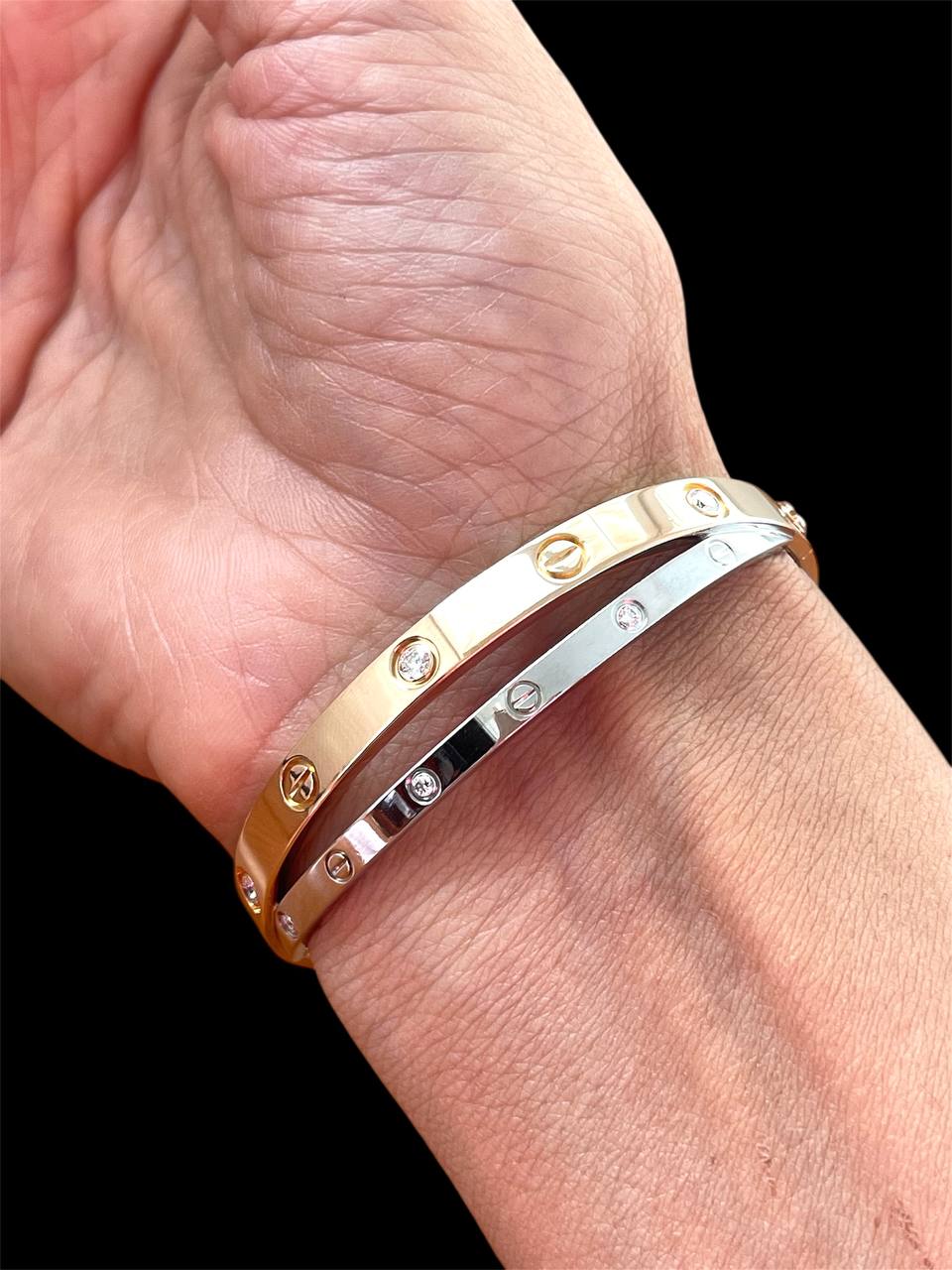 Cartier Double Love Bracelet 12 Diamonds 18k Rose White Gold Size 17