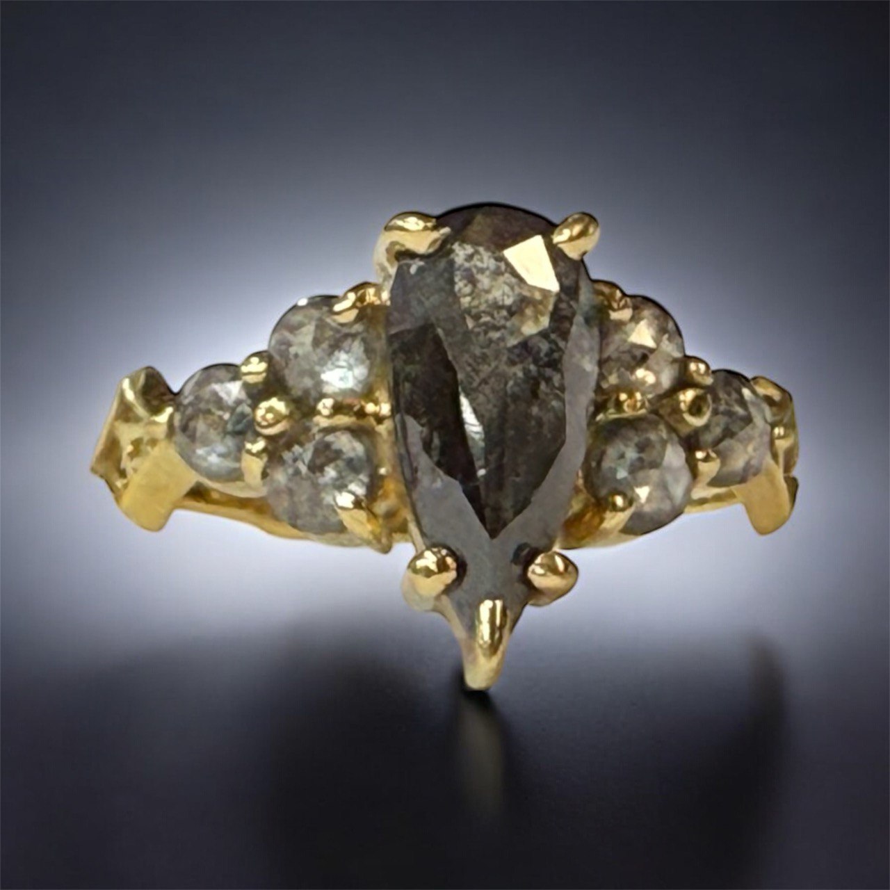 Nico Ring Salt & Pepper Rose Cut Pear Diamond 18k Yellow Gold