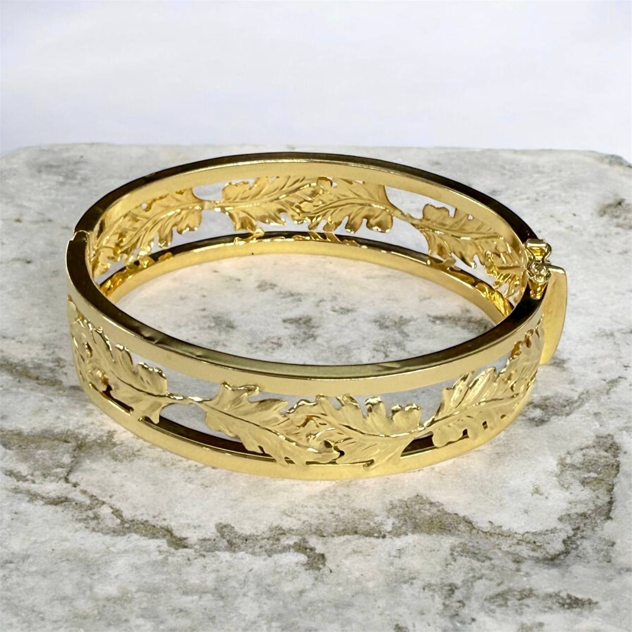 Vintage 18K Solid Yellow Gold Floral Wide Bangle Bracelet