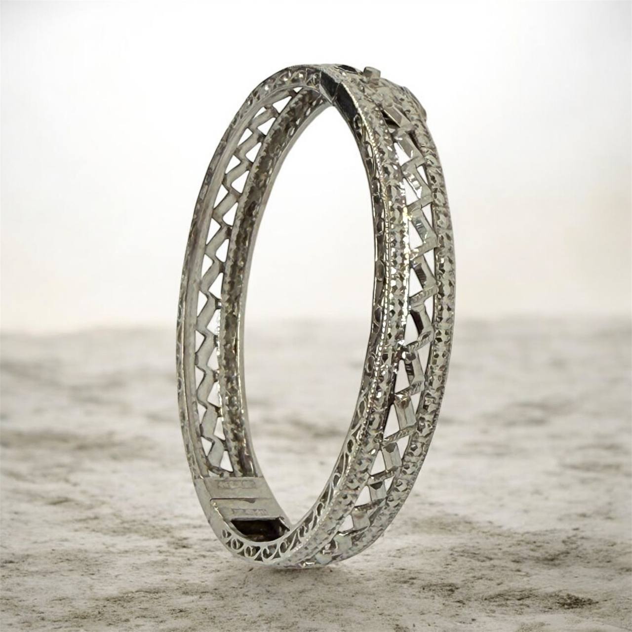 Vintage Art Deco Platinum Filigree Bangle Bracelet | Antique Style Jewelry Gift for Her