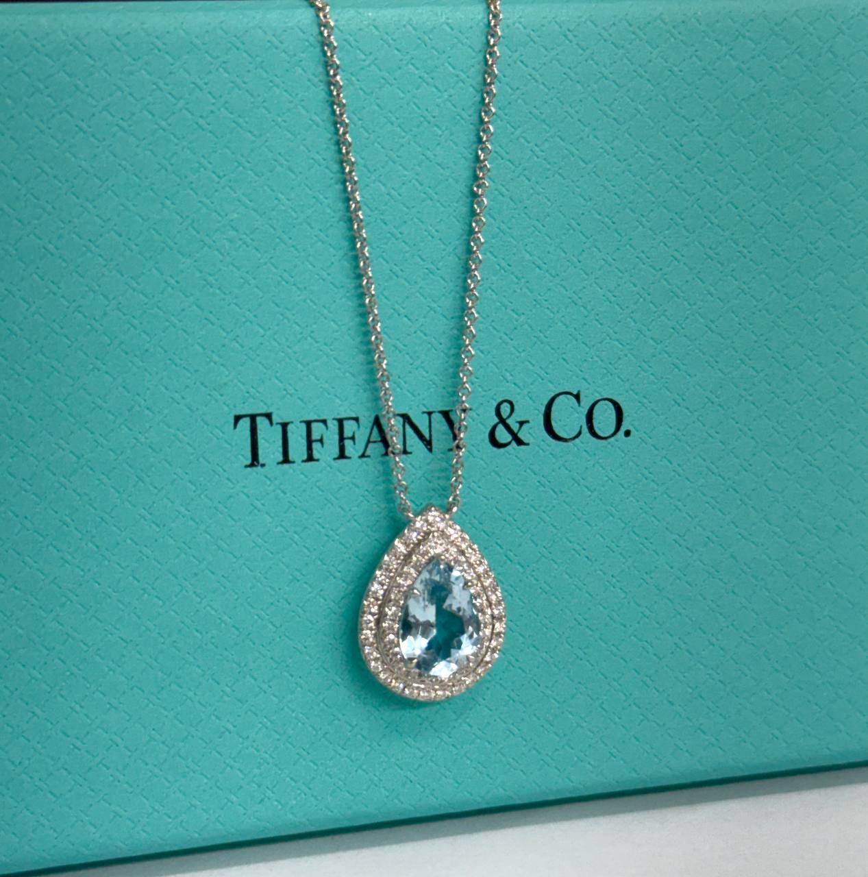 Authentic Tiffany and Co. Soleste Pendant Necklace 950 Platinum Pear Aquamarine & Diamond Double Halo