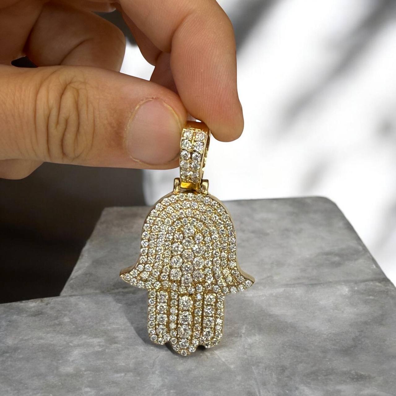 14K Gold Diamond Hamsa Hand Mens Pendant 4.35 Ct Pave Diamonds Hip Hop Protection Charm 33.2g