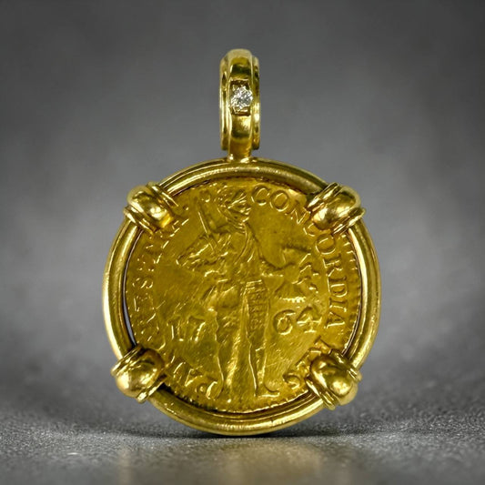 1764 Dutch Gold Ducat Pendant in 18K Gold Bezel with Natural Diamond Bail