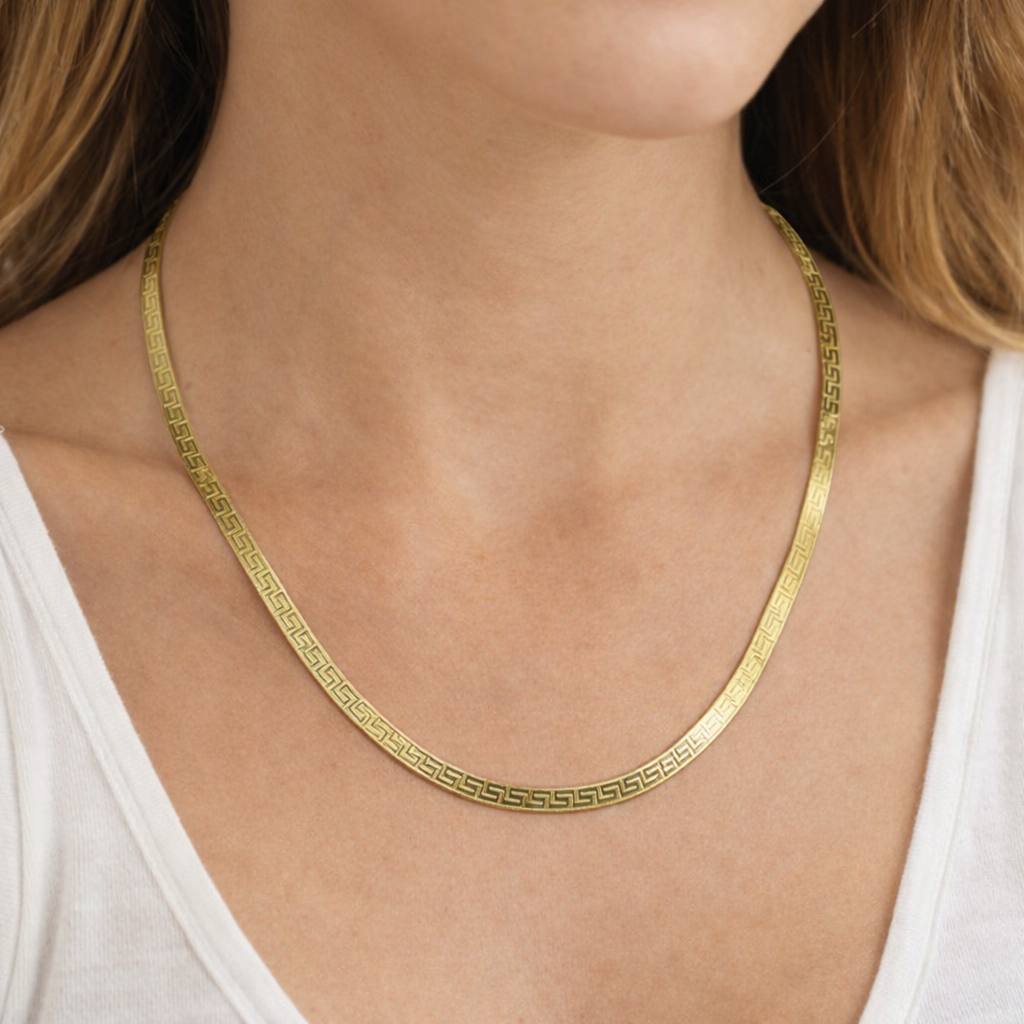 10K Gold Greek Key Herringbone Necklace – 18” 4.5mm