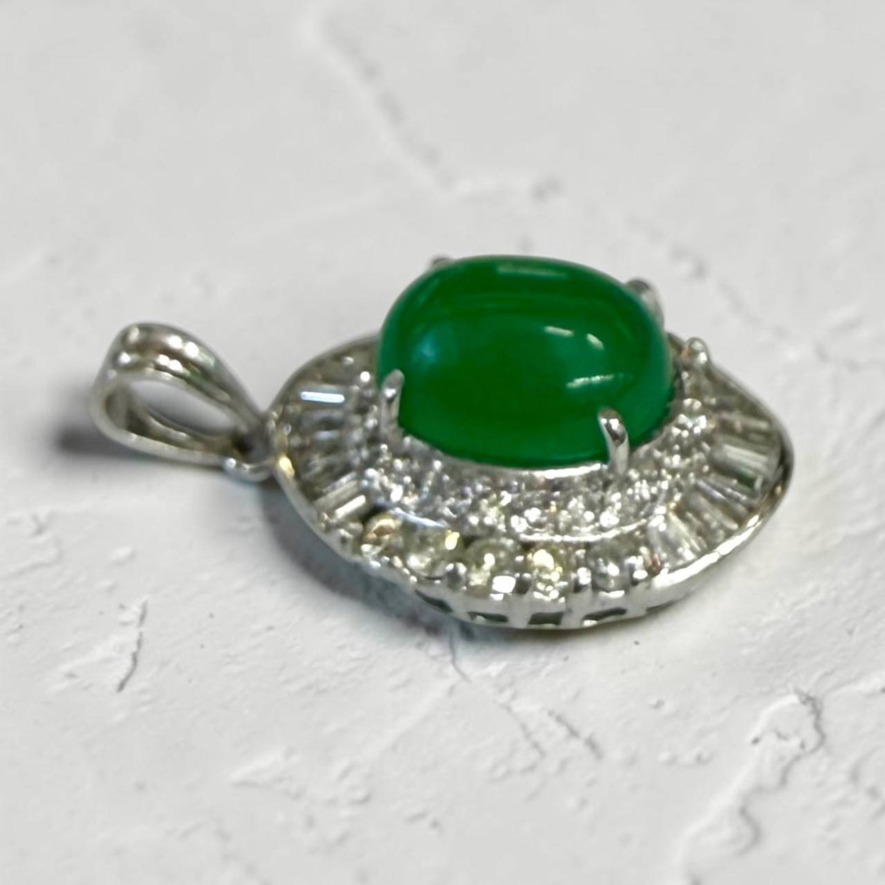 18K White Gold Green Jadeite Diamond Halo Pendant, Vintage Oval Cabochon Fine Jewelry
