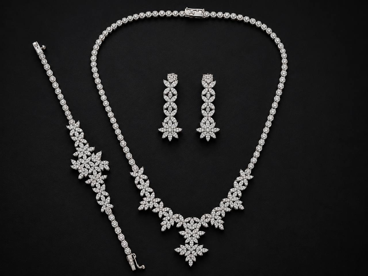 18K White Gold Floral Jewelry Set Necklace Bracelet Earrings 46.7g Estate