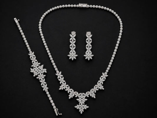 18K White Gold Floral Jewelry Set Necklace Bracelet Earrings 46.7g Estate