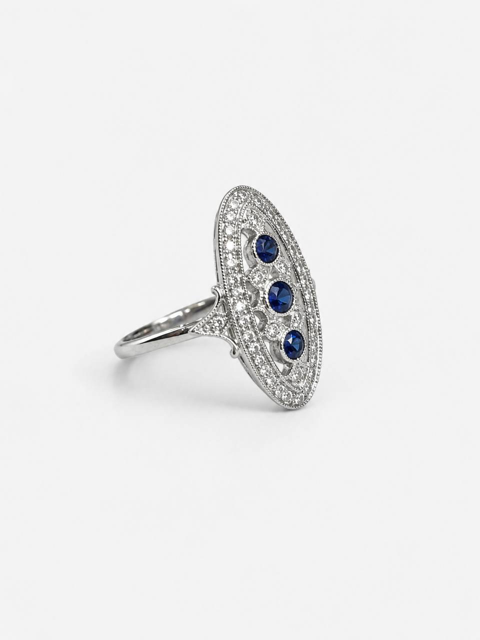 Art Deco Natural Blue Sapphires & Diamond Ring 14K White Gold Vintage Milgrain