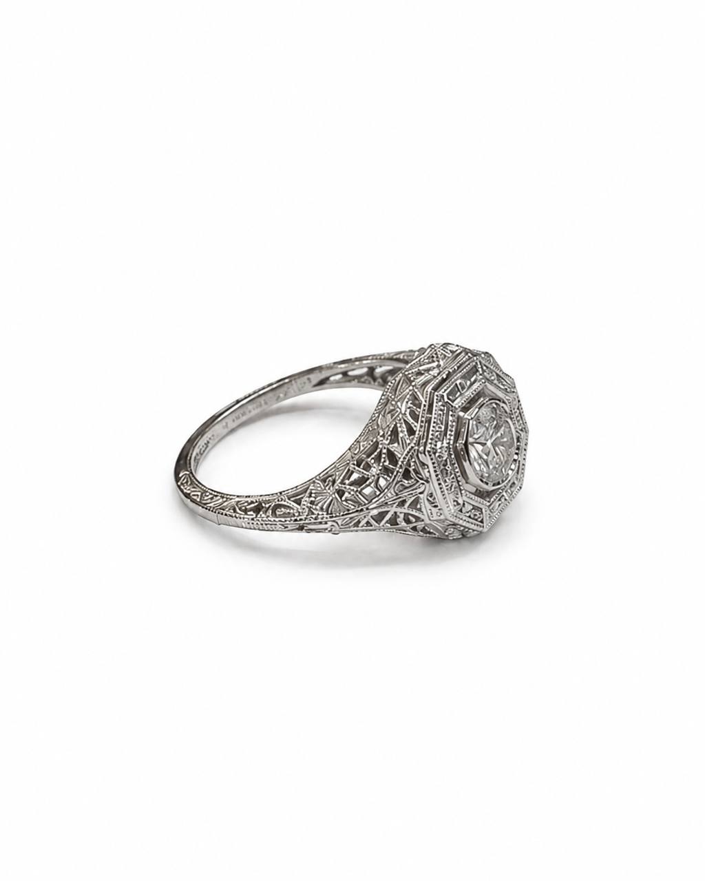 Vintage Art Deco 18K White Gold Old Cut Natural Diamond Filigree Ring Size 5