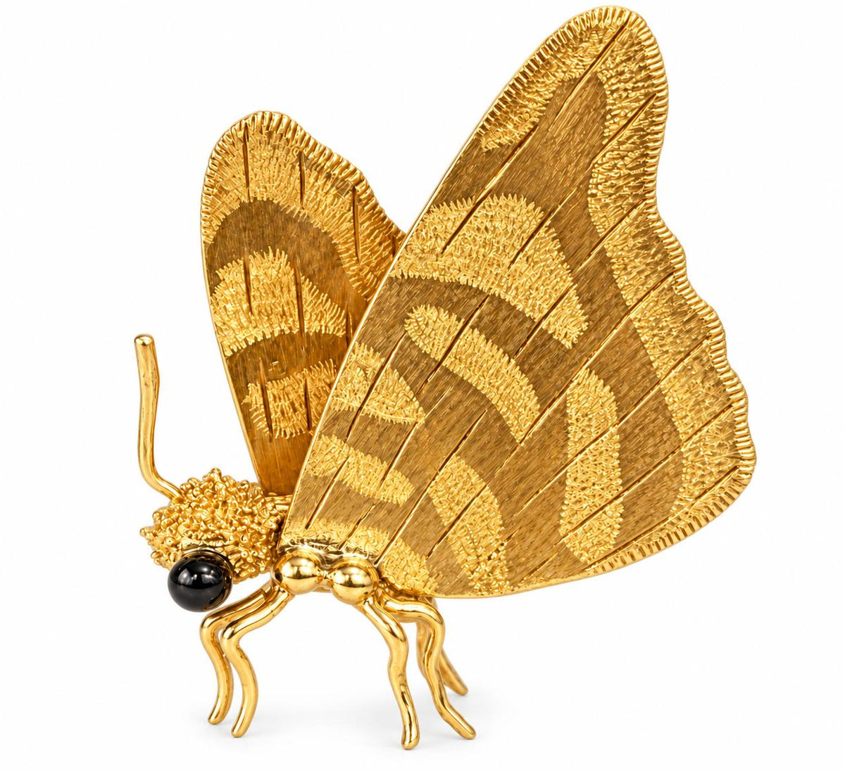 CELLINO 18K Yellow Gold Butterfly Brooch, 3D Textured Wings, Black Cabochon Eyes