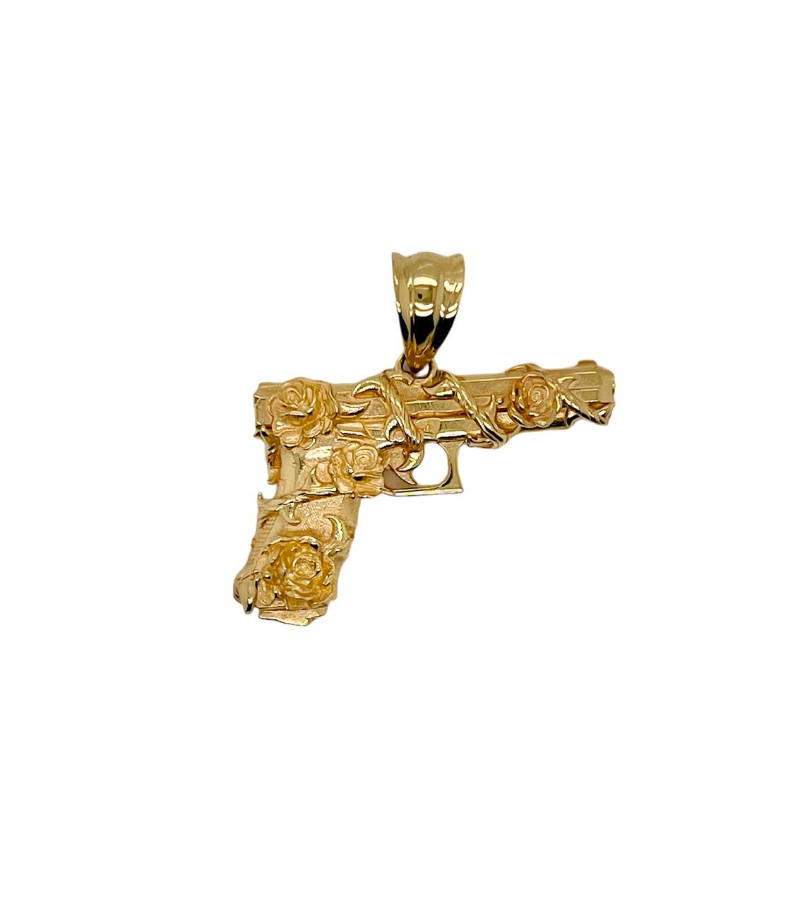 Custom made Mens 14K Solid Yellow Gold Hand Gun and Roses Pistol Pendant 9.4 Gr