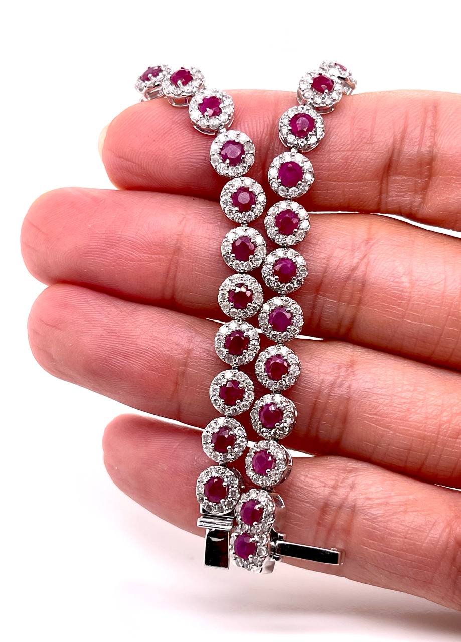 14K White Gold Natural Diamond and Ruby Cluster Tennis Bracelet 14.6 Grams 7.5"