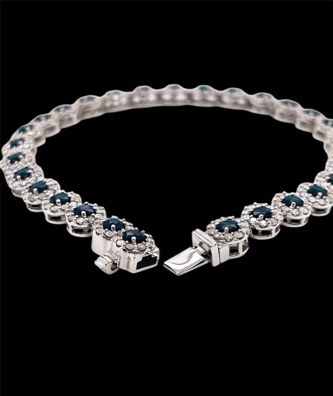 14K White Gold Natural Diamond and Sapphire Cluster Tennis Bracelet 7.5"