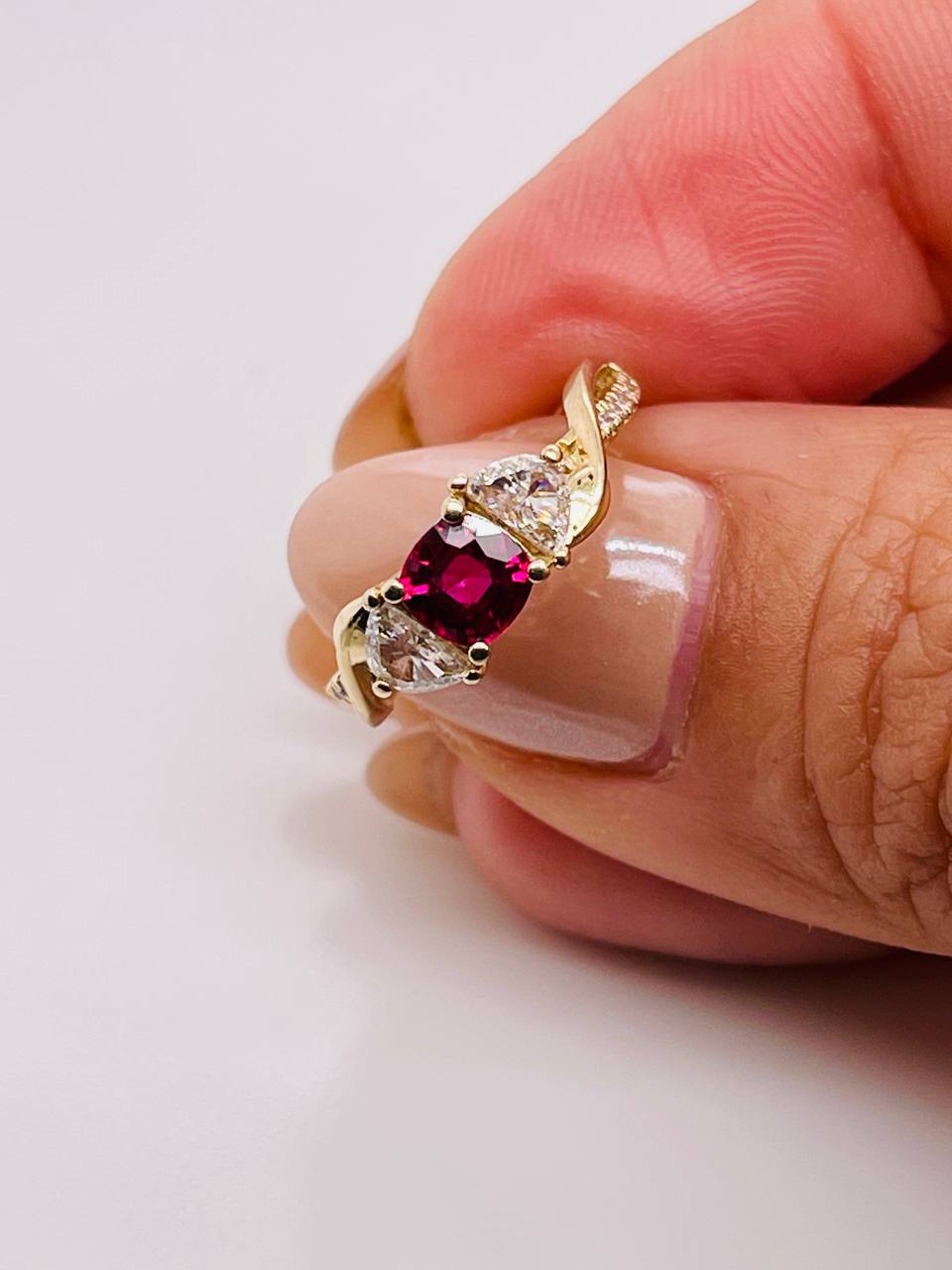 14K Solid Yellow Gold Natural Half Moon Diamond and Ruby Ring