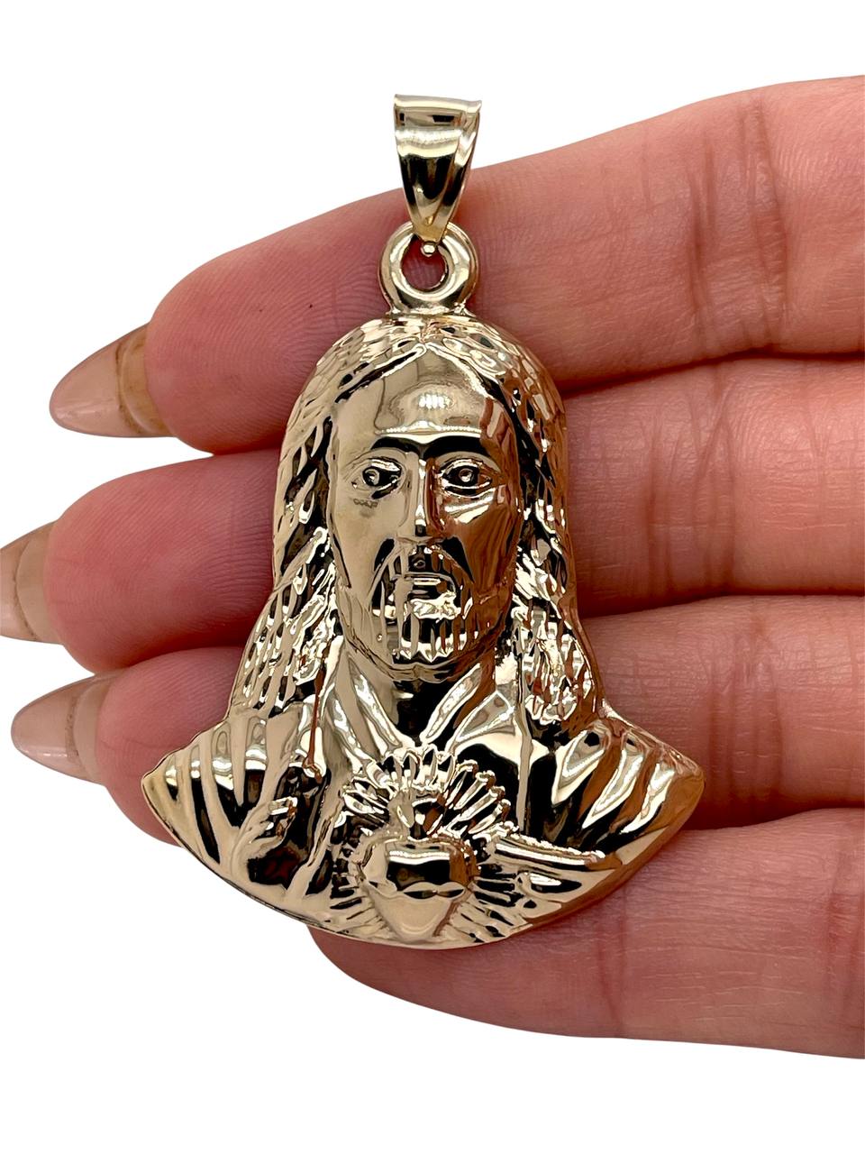 14K Yellow Gold Jesus Head Face Pendant 2 inches 11 grams Sagrado Corazón de Jesús