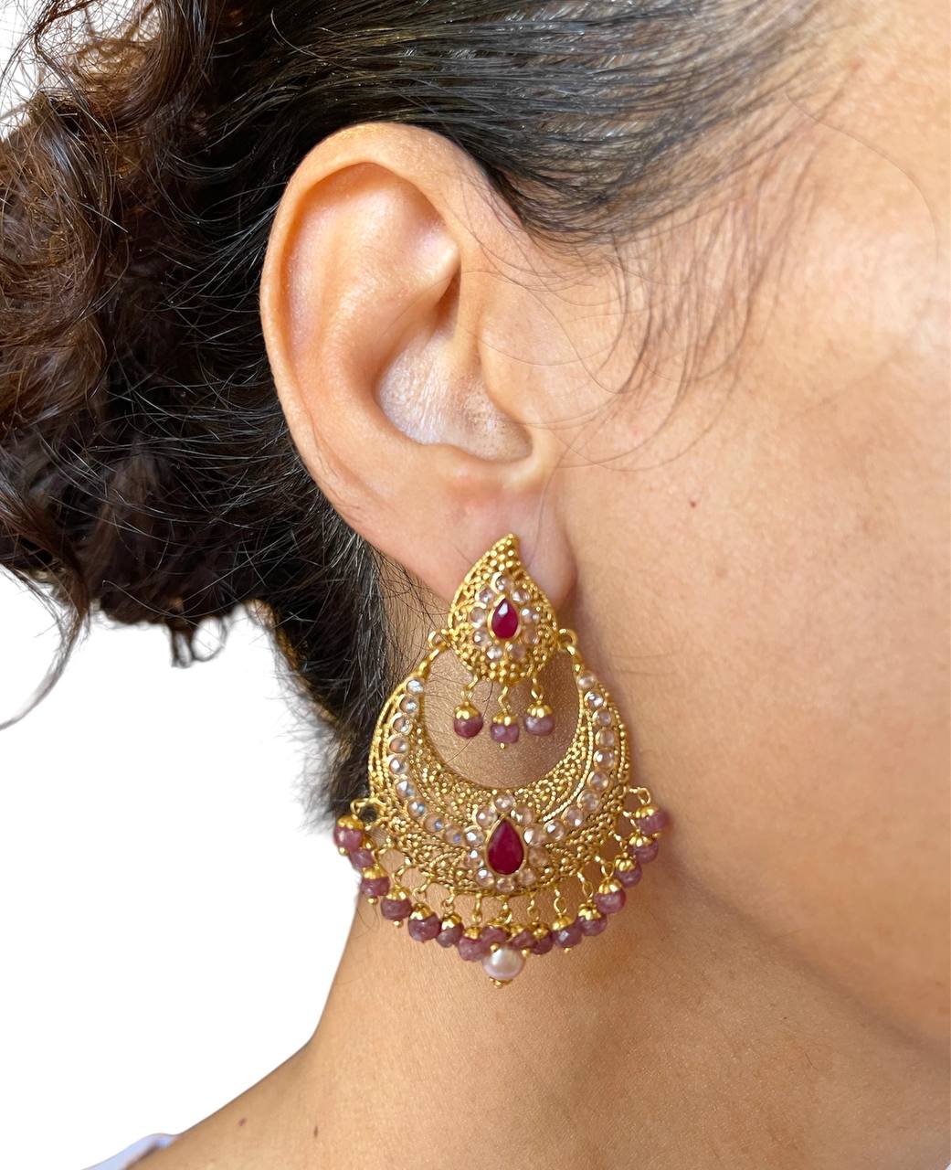 22K Yellow Gold Indian Ethnic Style Drop Dangle Earrings Natural Ruby And White Sapphire 25.8 Grams