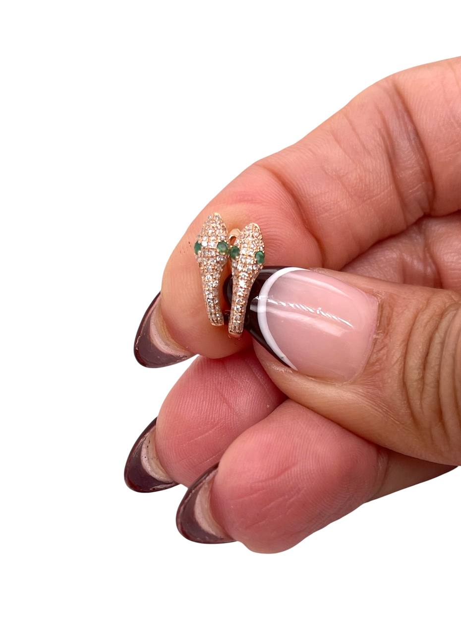 14k Rose Gold Natural Diamond And Emerald Snake Huggie Earrings