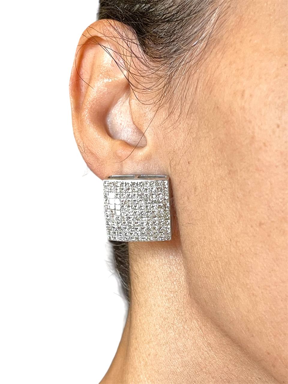 Huge 14 tcw Natural Princess Cut Diamond Cushion Hip-Hop Earrings 14k White Gold
