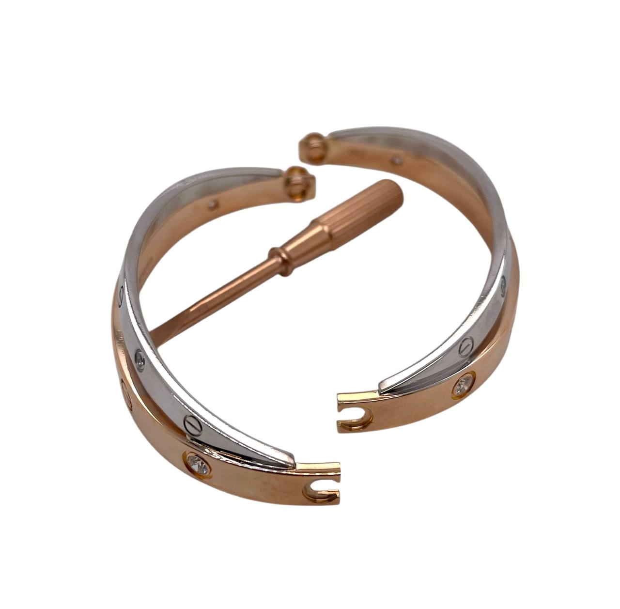 Cartier Double Love Bracelet 12 Diamonds 18k Rose White Gold Size 17