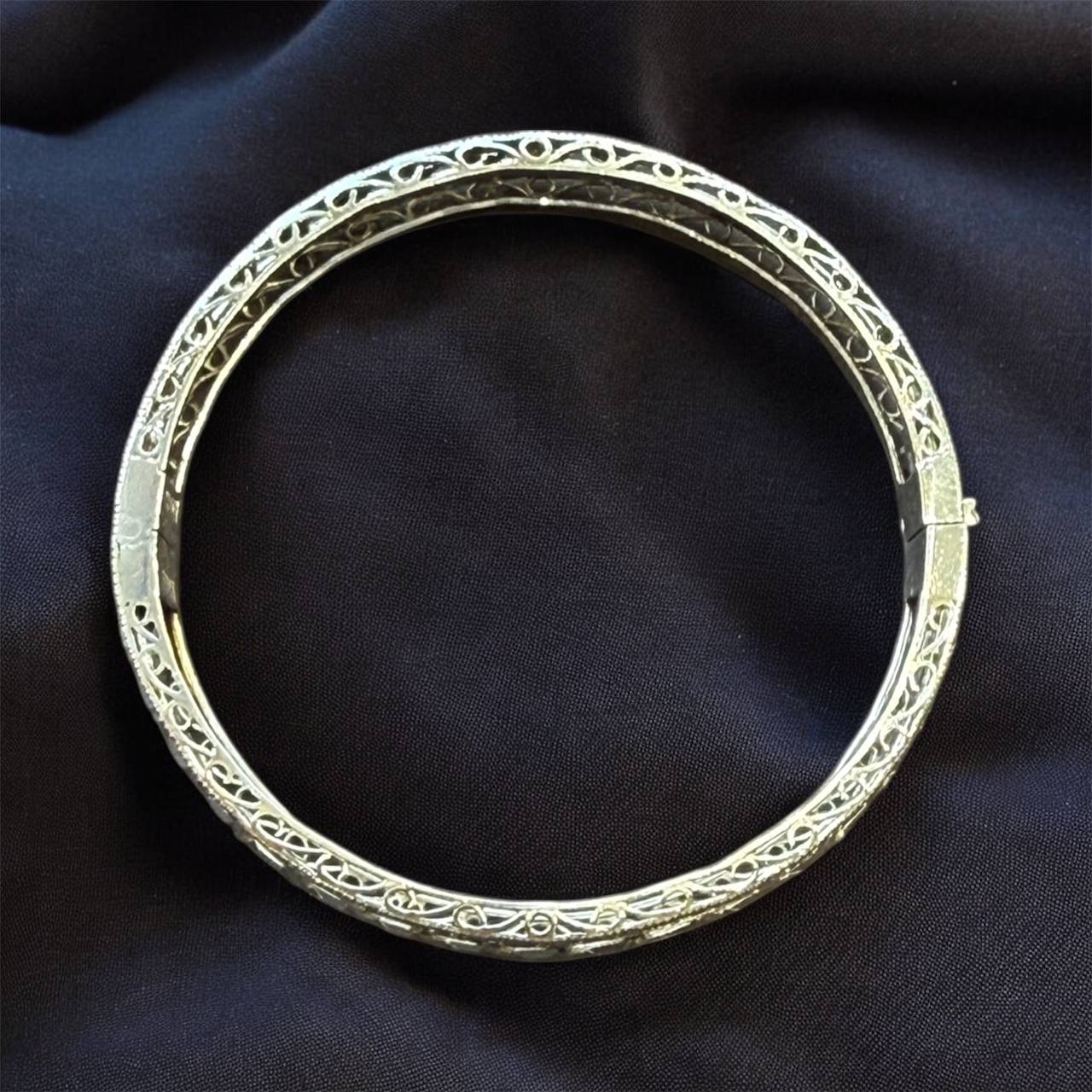 Vintage Art Deco Platinum Filigree Bangle Bracelet | Antique Style Jewelry Gift for Her