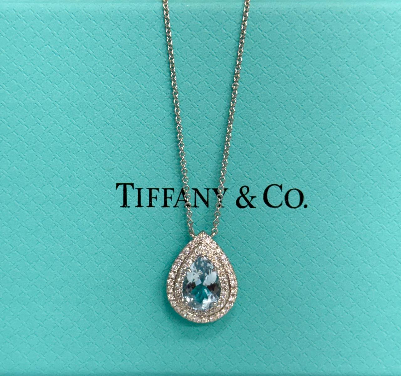 Authentic Tiffany and Co. Soleste Pendant Necklace 950 Platinum Pear Aquamarine & Diamond Double Halo