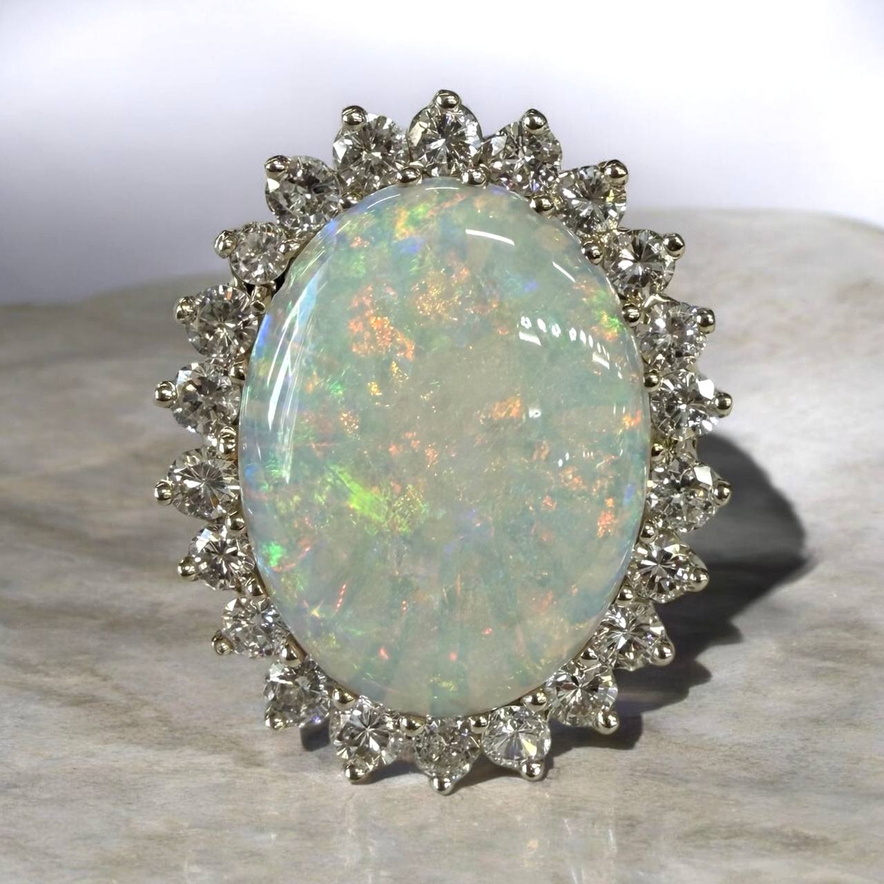 Natural Opal Diamond Halo Ring 14K Gold 1.32 CTW VS2 G-H Diamonds 19×14 mm Opal Size 6