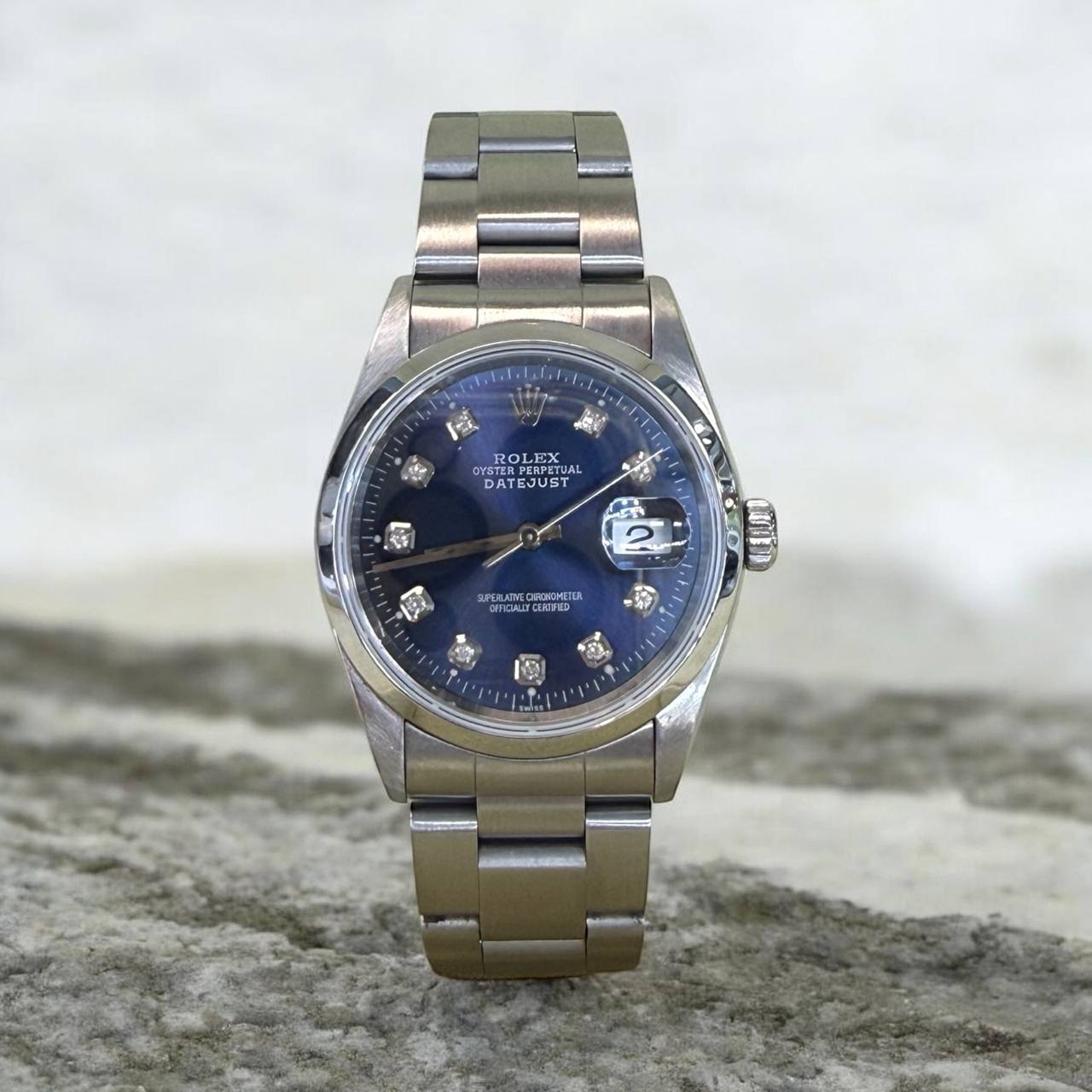Rolex Datejust 16200 Blue Diamond Dial 36mm Steel Quickset Watch Oyster Band