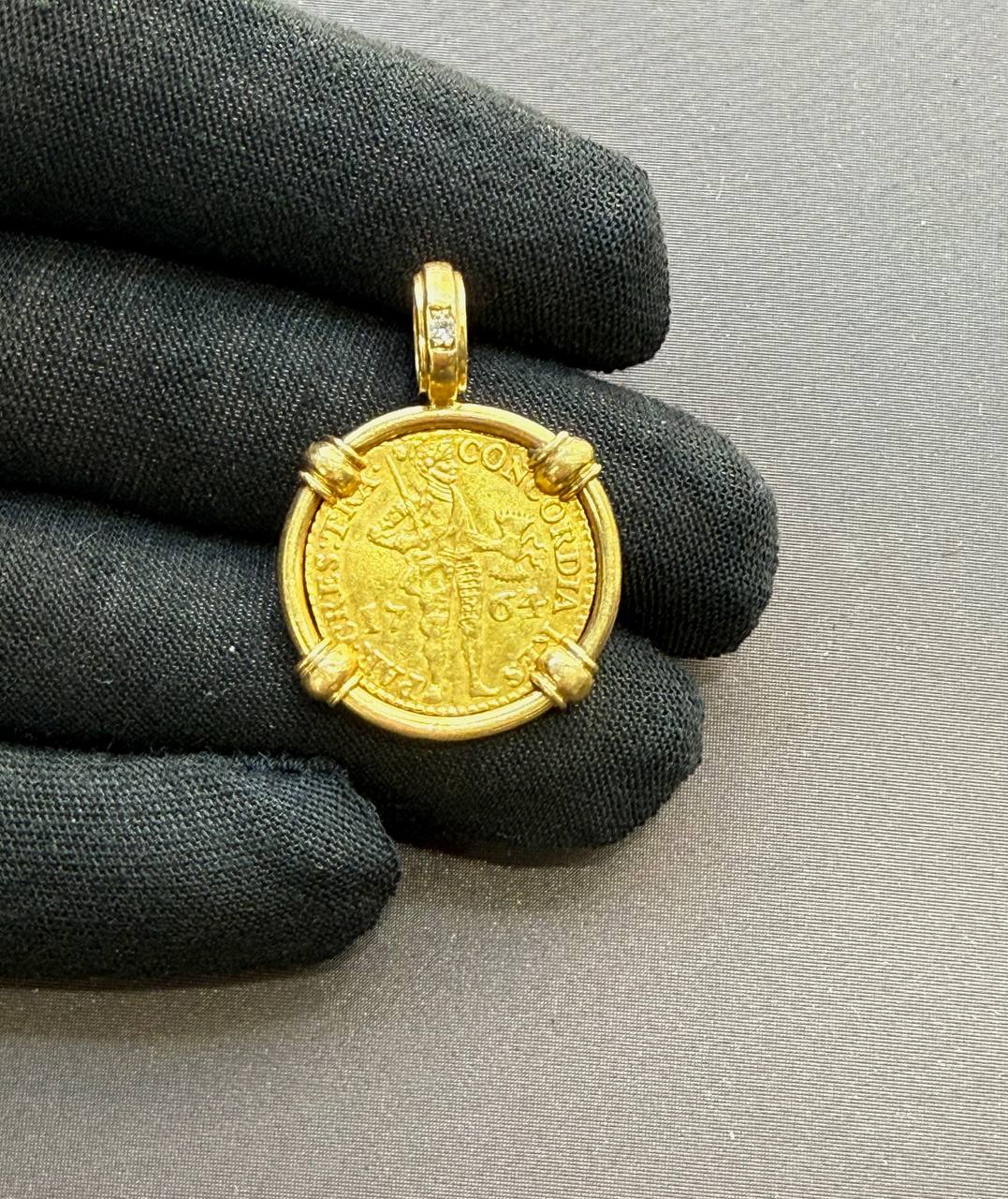 1764 Dutch Gold Ducat Pendant in 18K Gold Bezel with Natural Diamond Bail