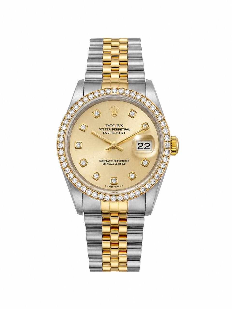 Rolex Datejust 16233 36mm Two Tone Automatic Watch Champagne Diamond Dial Diamond Bezel