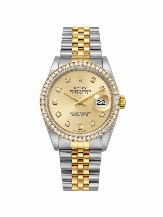 Rolex Datejust 16233 36mm Two Tone Automatic Watch Champagne Diamond Dial Diamond Bezel